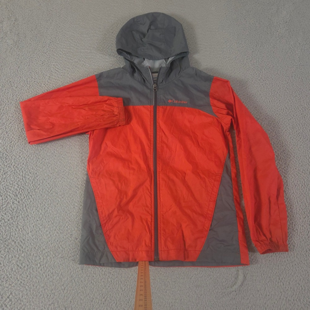 Columbia Jacket Boys L Red Grey Glennaker Nylon Colorblock Hooded Rain Coat